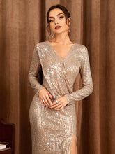 Load image into Gallery viewer, Surplice Neck Split Thigh Sequin Fitted Dress
