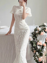 Load image into Gallery viewer, Solid Mandarin Collar Backless Tie Detail Lace Fitted Dress
