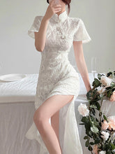Load image into Gallery viewer, Solid Mandarin Collar Backless Tie Detail Lace Fitted Dress
