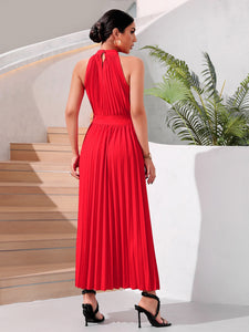 Solid Pleated Halter Neck A-line Dress