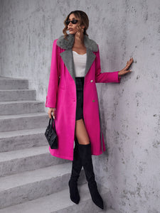 Contrast Collar Double Breasted Belted Overcoat