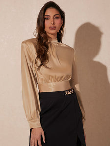 Mock Neck Lantern Sleeve Crop Blouse