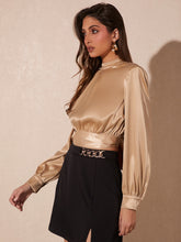 Load image into Gallery viewer, Mock Neck Lantern Sleeve Crop Blouse
