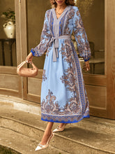 Load image into Gallery viewer, Paisley Print Lantern Sleeve Belted A-line Dress

