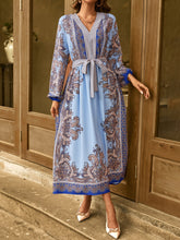 Load image into Gallery viewer, Paisley Print Lantern Sleeve Belted A-line Dress

