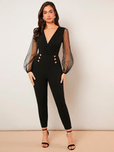 Load image into Gallery viewer, Surplice Neck Mesh Lantern Sleeve Double Button Jumpsuit
