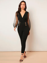 Load image into Gallery viewer, Surplice Neck Mesh Lantern Sleeve Double Button Jumpsuit
