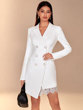 Load image into Gallery viewer, Double Breasted Eyelash Lace Panel Asymmetrical Hem Blazer Dress
