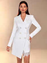 Load image into Gallery viewer, Double Breasted Eyelash Lace Panel Asymmetrical Hem Blazer Dress

