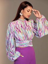 Load image into Gallery viewer, Allover Print Mock Neck Keyhole Back Ruched Lantern Sleeve Blouse
