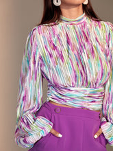 Load image into Gallery viewer, Allover Print Mock Neck Keyhole Back Ruched Lantern Sleeve Blouse
