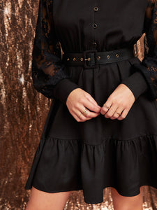 Contrast Lace Sleeve Ruffle Hem Button Front Belted Dress