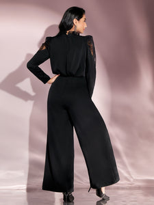 SHEIN Modely Contrast Lace Ruffle Trim Wide Leg Jumpsuit Without Belt