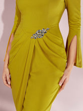 Load image into Gallery viewer, Rhinestone Detail Asymmetrical Neck Split Cuff Wrap Hem Dress
