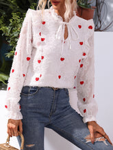 Load image into Gallery viewer, Heart Embroidery Tie Neck Ruffle Trim Flounce Sleeve Fuzzy Blouse
