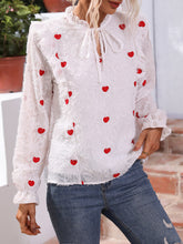 Load image into Gallery viewer, Heart Embroidery Tie Neck Ruffle Trim Flounce Sleeve Fuzzy Blouse
