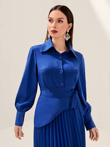 Button Front Shirt & Knot Side Pleated Skirt