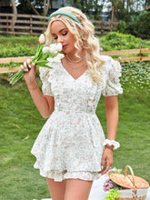 Load image into Gallery viewer, Ditsy Floral Print Ruffle Trim Tie Back Puff Sleeve Romper
