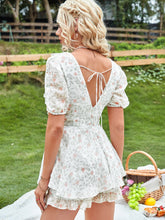 Load image into Gallery viewer, Ditsy Floral Print Ruffle Trim Tie Back Puff Sleeve Romper
