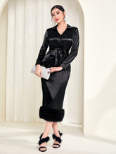 Load image into Gallery viewer, Fuzzy Hem Belted Satin Dress
