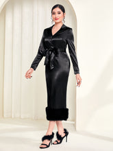 Load image into Gallery viewer, Fuzzy Hem Belted Satin Dress
