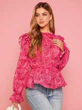Load image into Gallery viewer, Floral Print Ruffle Trim Flounce Sleeve Peplum Blouse
