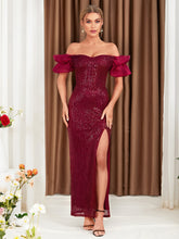Load image into Gallery viewer, Off Shoulder Ruffle Trim Split Thigh Sequin Bridesmaid Dress
