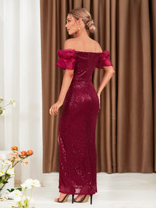 Off Shoulder Ruffle Trim Split Thigh Sequin Bridesmaid Dress