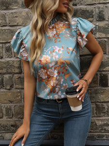 Floral Print Mock Neck Butterfly Sleeve Blouse