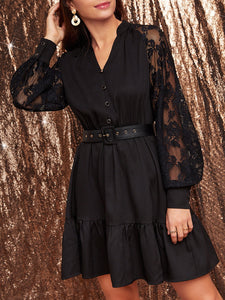 Contrast Lace Sleeve Ruffle Hem Button Front Belted Dress