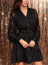 Load image into Gallery viewer, Contrast Lace Sleeve Ruffle Hem Button Front Belted Dress
