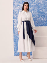 Load image into Gallery viewer, Two Tone Lantern Sleeve Belted Shirt Dress
