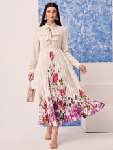 Load image into Gallery viewer, Tie Neck Floral Print Pleated Hem Dress
