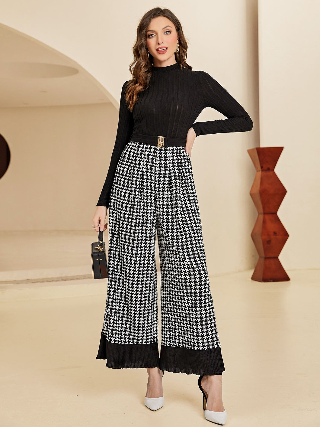 Houndstooth Print Wide Leg Jumpsuit With Belt