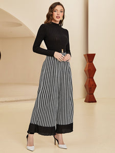 Houndstooth Print Wide Leg Jumpsuit With Belt