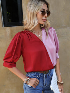 Two Tone Puff Sleeve Blouse