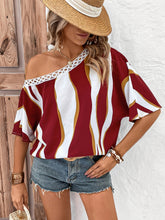 Load image into Gallery viewer, Colorblock Contrast Lace Asymmetrical Neck Blouse
