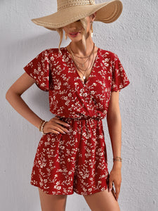 Ditsy Floral Surplice Neck Butterfly Sleeve Romper