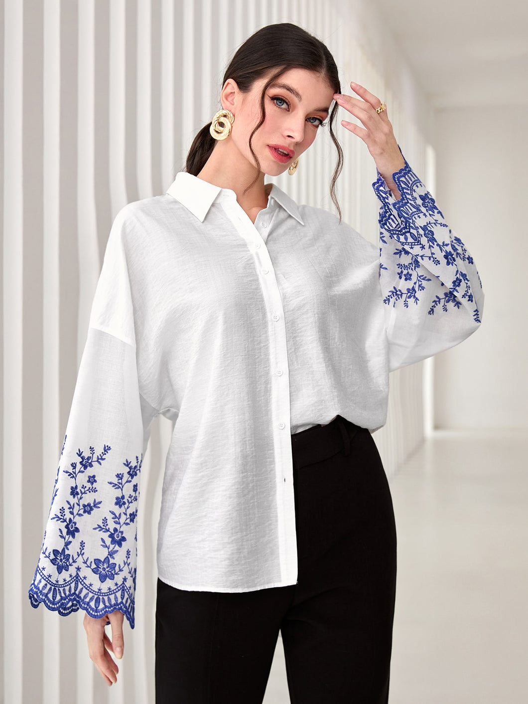Floral Embroidery Drop Shoulder Shirt