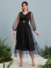 Load image into Gallery viewer, Contrast Mesh Lantern Sleeve Belted Dress
