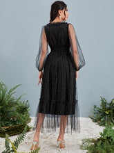 Load image into Gallery viewer, Contrast Mesh Lantern Sleeve Belted Dress
