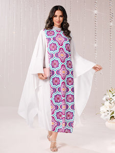Floral Print Contrast Sequin Neck Cloak Sleeve Dress