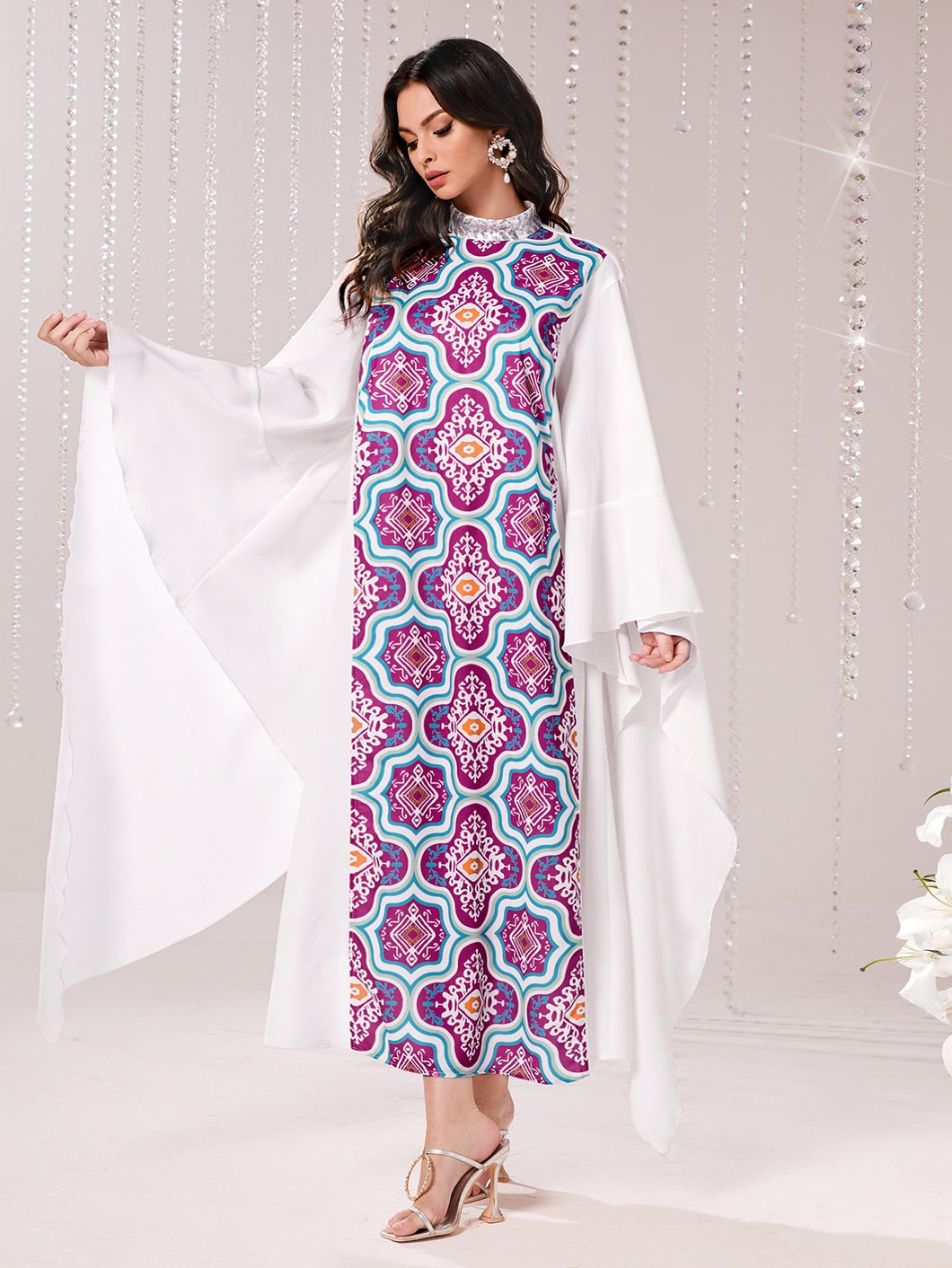 Floral Print Contrast Sequin Neck Cloak Sleeve Dress