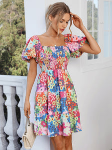 Allover Floral Print Puff Sleeve Ruffle Hem Dress