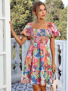 Allover Floral Print Puff Sleeve Ruffle Hem Dress