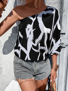 Graphic Print One Shoulder Batwing Sleeve Blouse