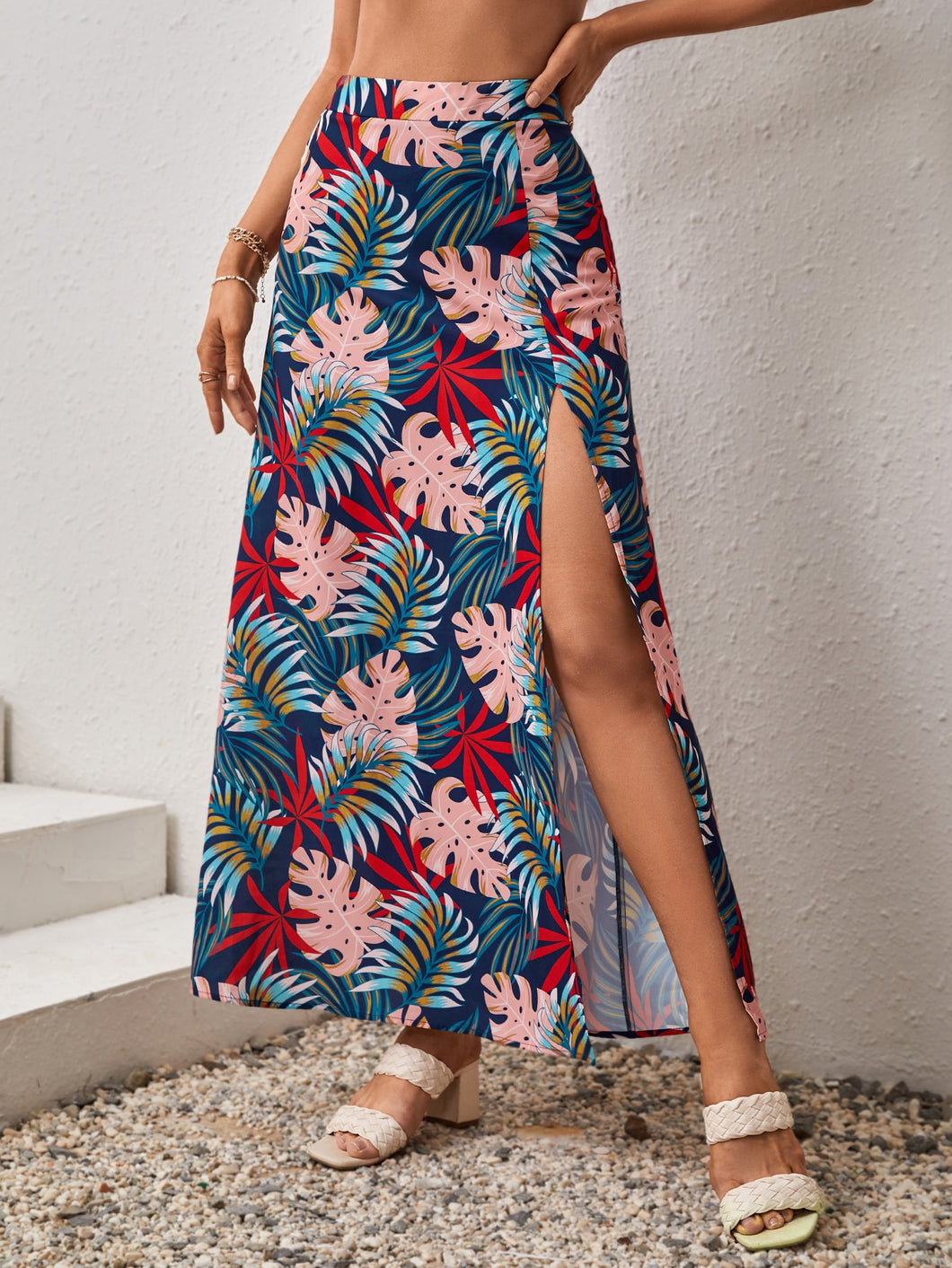 Tropical Print Split Thigh Skirt