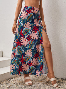 Tropical Print Split Thigh Skirt