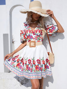 Floral Print Puff Sleeve Dress Without Belt