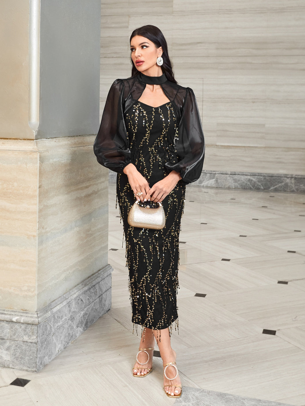 Lantern Sleeve Mesh Top & Contrast Sequin Cami Dress